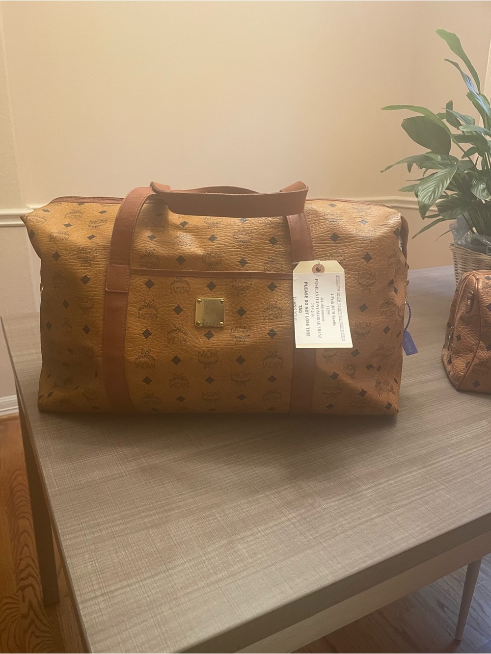 MCM Cognac Coated Canvas Satchel with Black Monogram and Gold Hardware - Picture 7 of 12